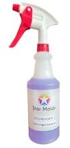 White spray bottle with red trigger and colorful label on a plain background
