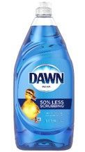 Blue Dawn dish soap bottle with duck logo and “50% less scrubbing” label
