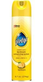 Yellow Pledge lemon-scented furniture polish bottle with a blue label and lemon graphic