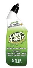 Lime A-Way toilet bowl cleaner bottle, green and white with black cap, 24 fl oz