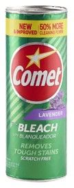 Comet Lavender Bleach cleanser canister, green and red label, with stain-removing claims.