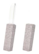 Two gray replacement deodorant stone inserts, one with a clear cap attached