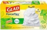 GLAD ForceFlex trash bags box with Gain scent, white 50-count bags on yellow background