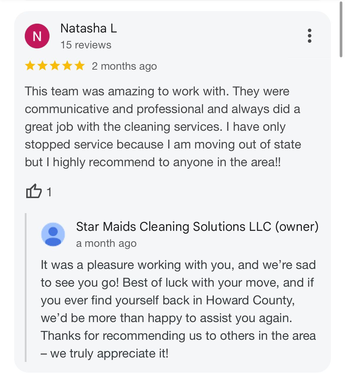 Google review praising Star Maids Cleaning Solutions LLC, with owner’s friendly reply and five-star rating