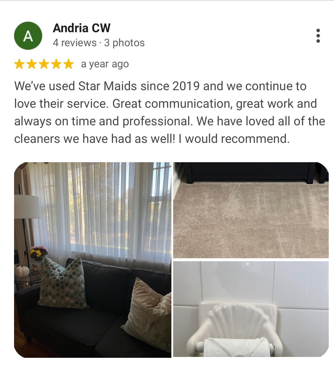 Google review screenshot praising Maid Services with before-and-after cleaning photos of a couch and shower chair