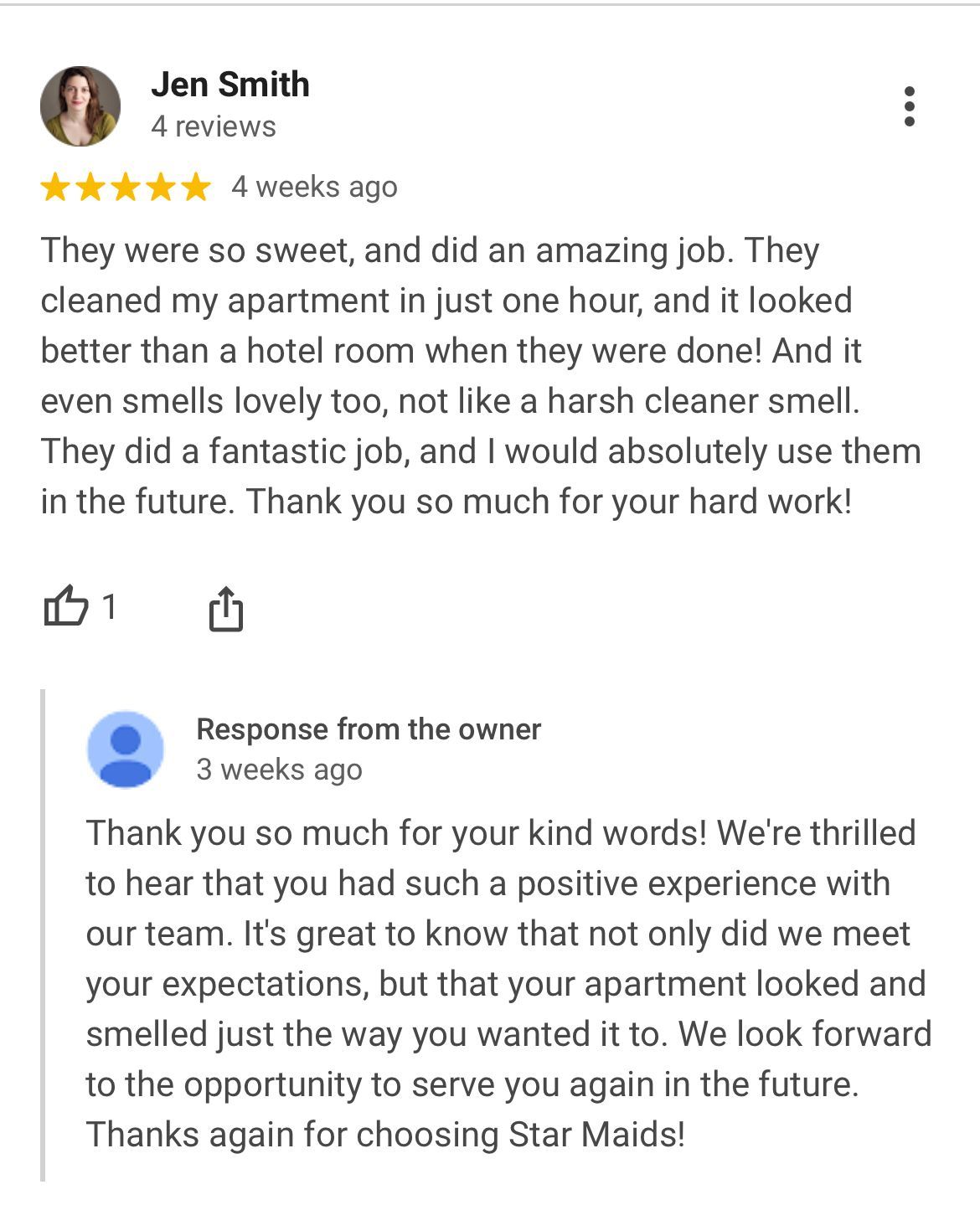 Google review and owner reply praising an apartment cleaning job and smooth check-in.