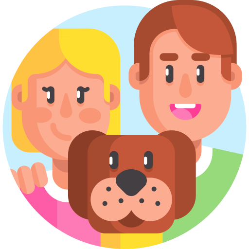 Three cartoon faces: blonde girl, red-haired man, and brown dog in a colorful circle.