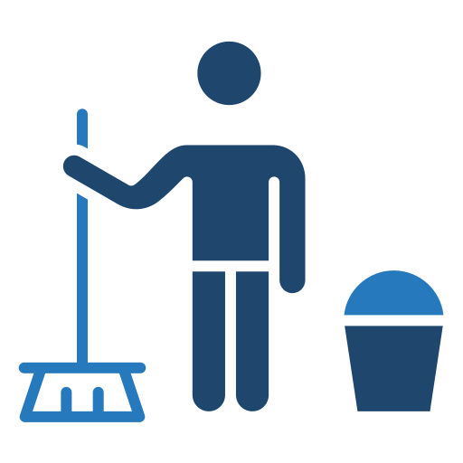 Blue cleaning icon showing a person holding a broom beside a mop bucket.