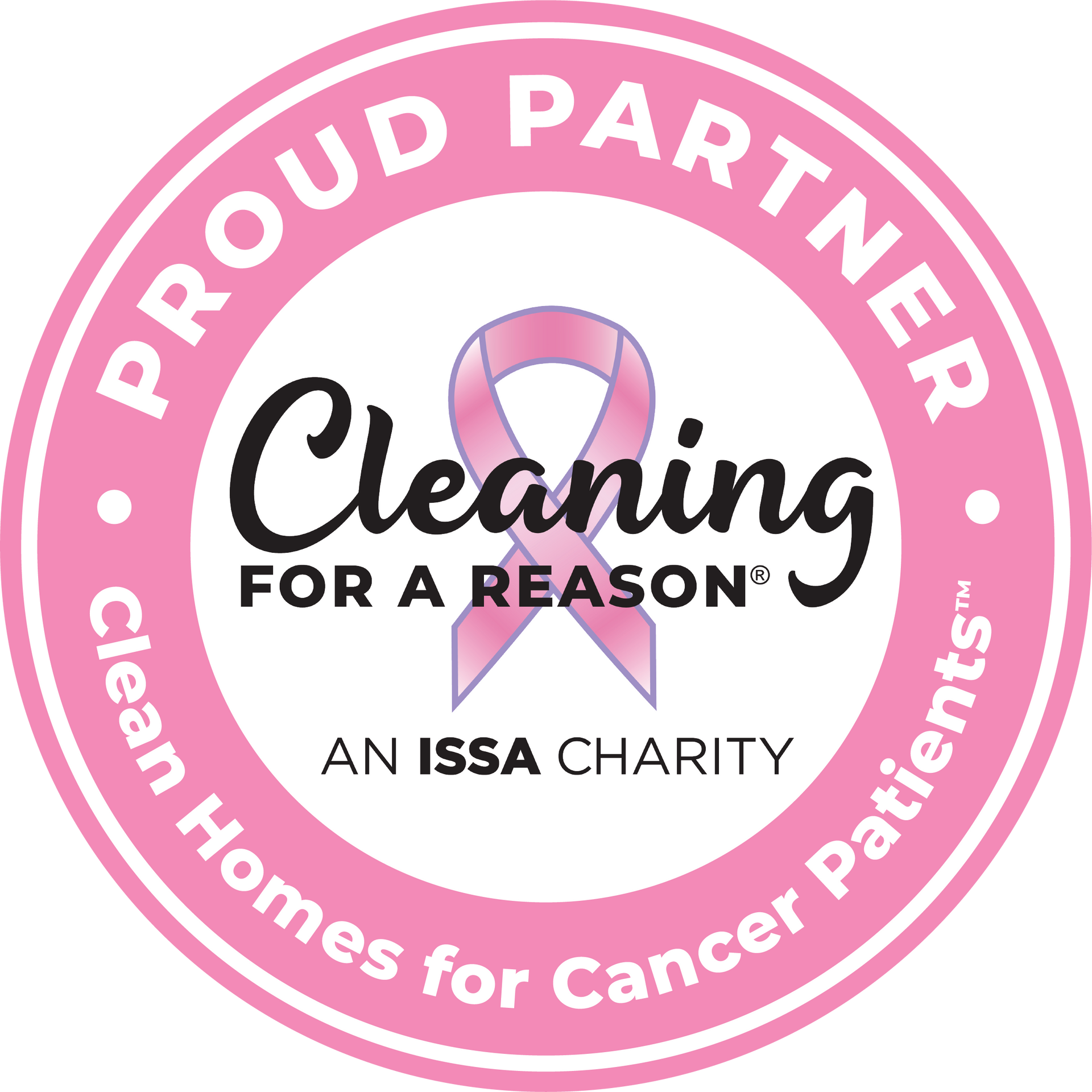 Pink circular “Proud Partner” logo for Cleaning for a Reason, an ISSA charity supporting cancer patients.