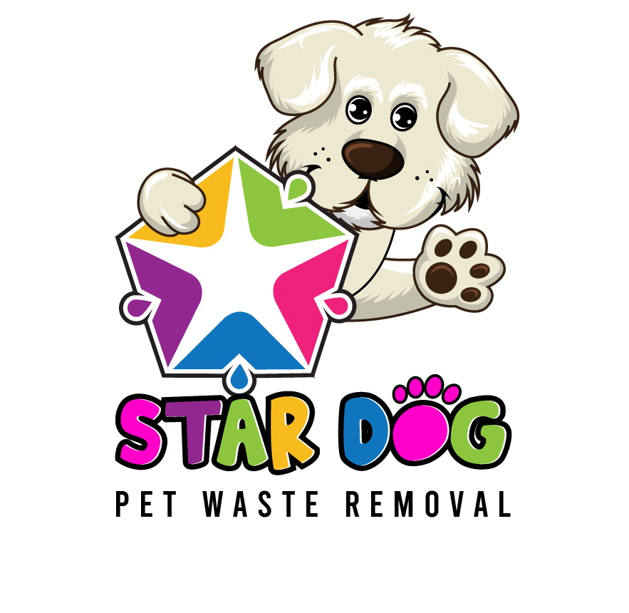 Logo of smiling white dog with colorful star and text “STAR DOG Pet Waste Removal”