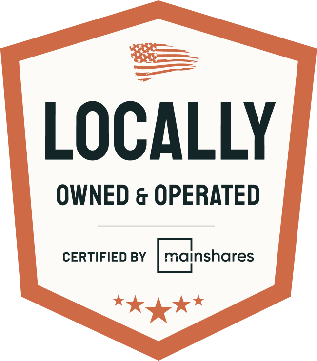 Locally owned & operated certification badge with orange border, stars, and “mainshares” logo