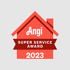Angi Super Service Award 2023 badge in red and orange house shape