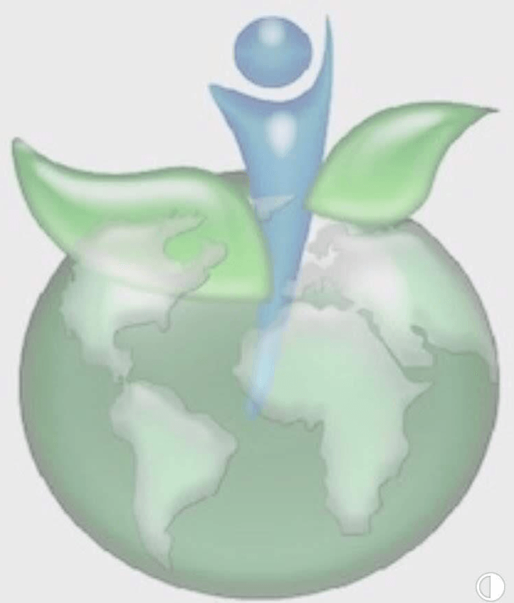 Green globe with leaves and a blue human figure rising from the center, symbolizing eco-friendliness