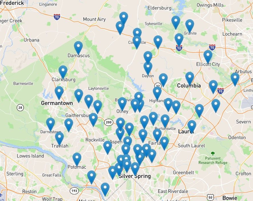 Map with many blue location pins clustered around Columbia, South Carolina.