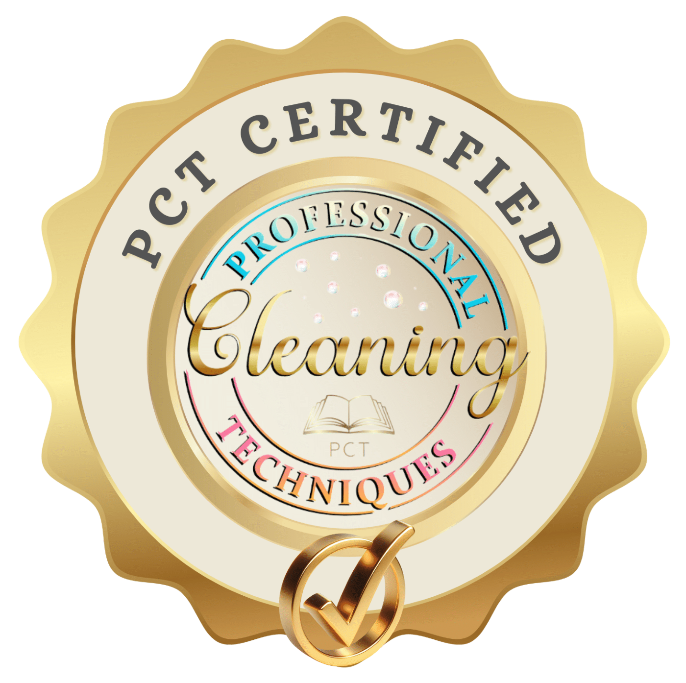 Gold PCT Certified Professional Cleaning Techniques badge with interlocking rings and cream center