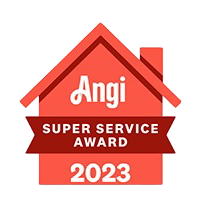 Angi Super Service Award 2023 badge in red and white with house icon