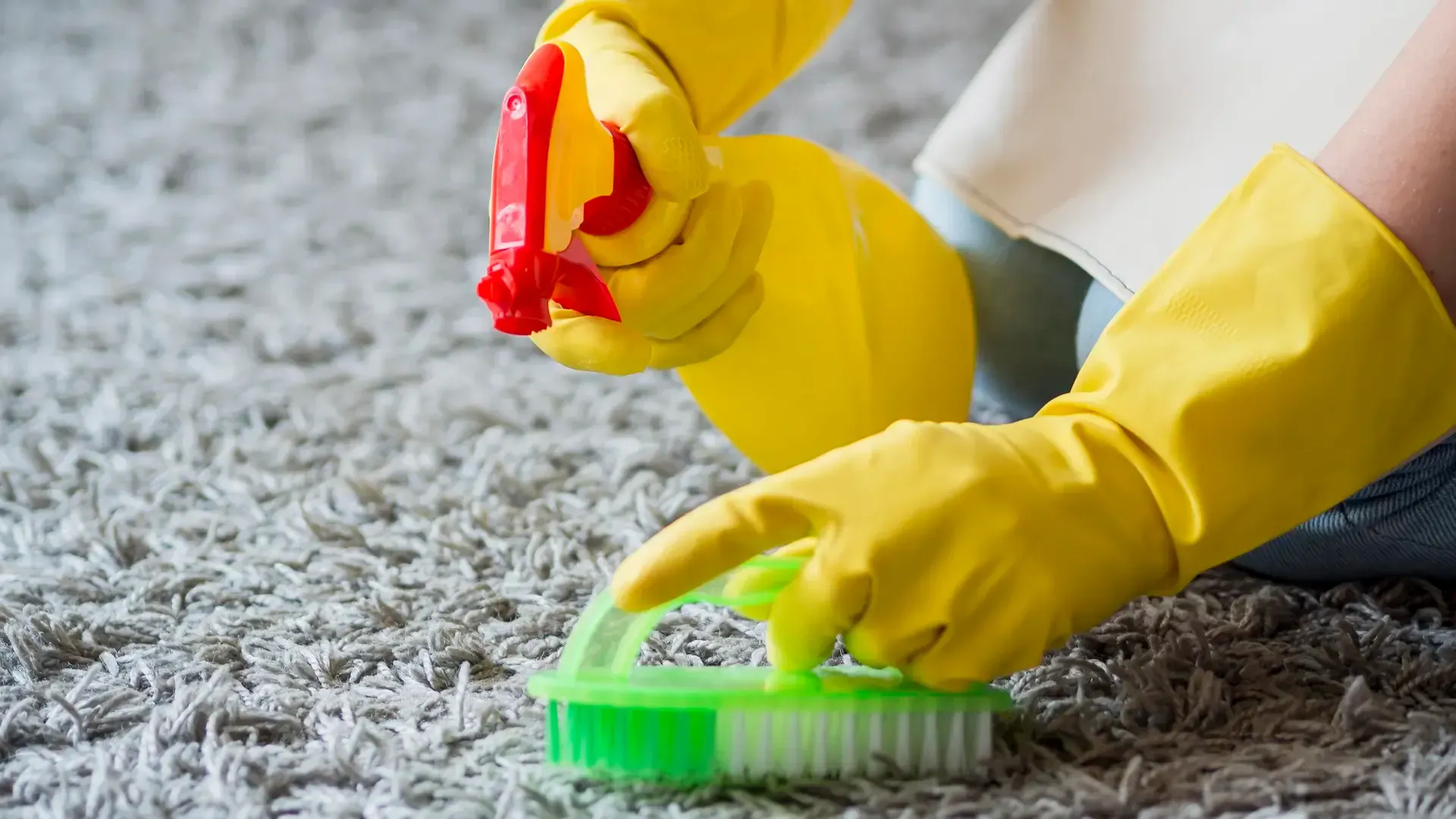 Hands scrubbing carpet with brush and spray