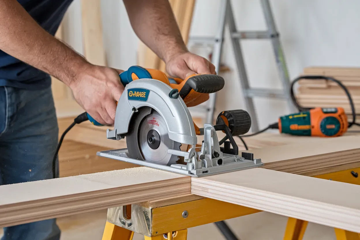 A man is using a circular saw to cut a piece of wood.