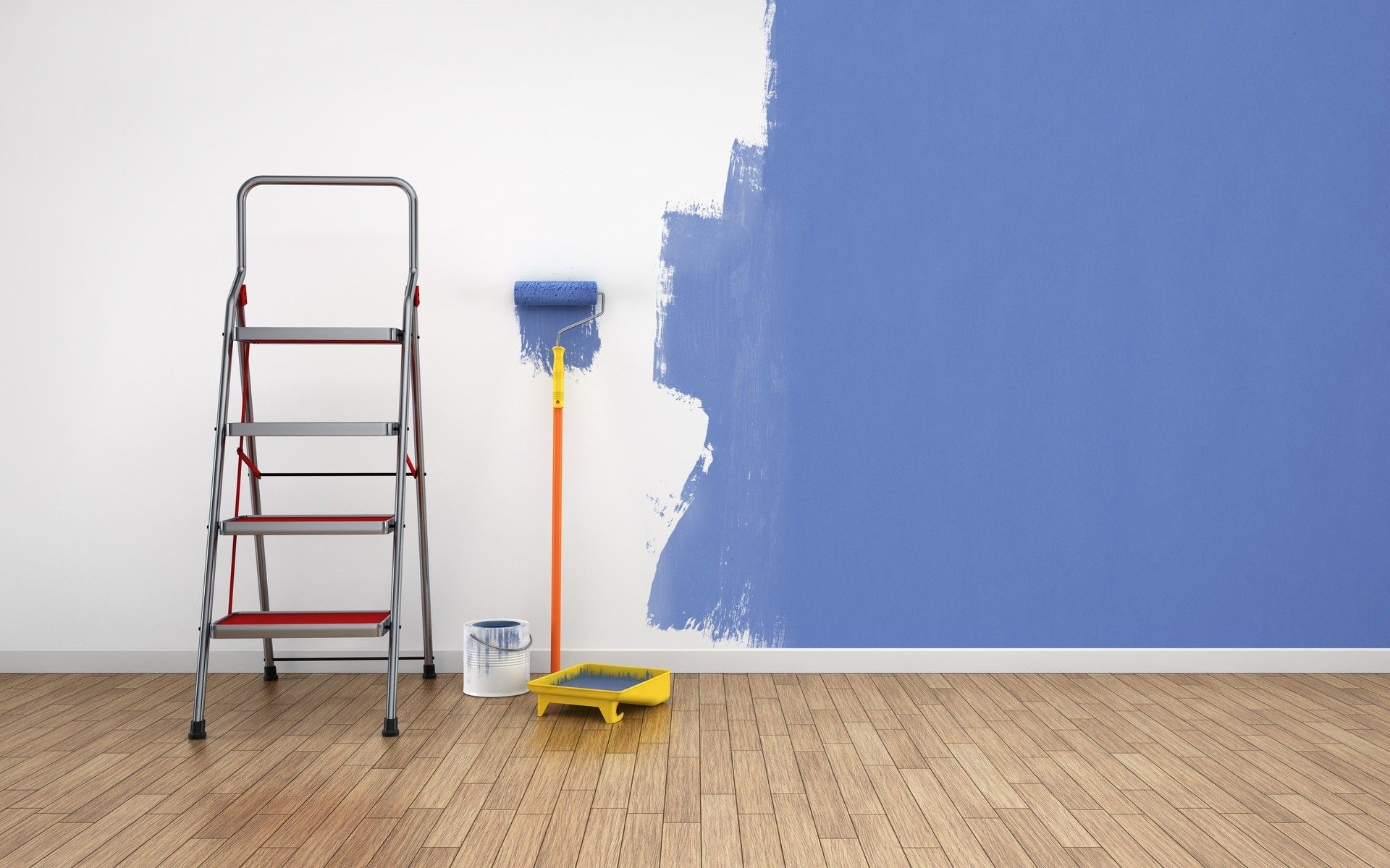 a kitchen under construction with blue tape on the floor .