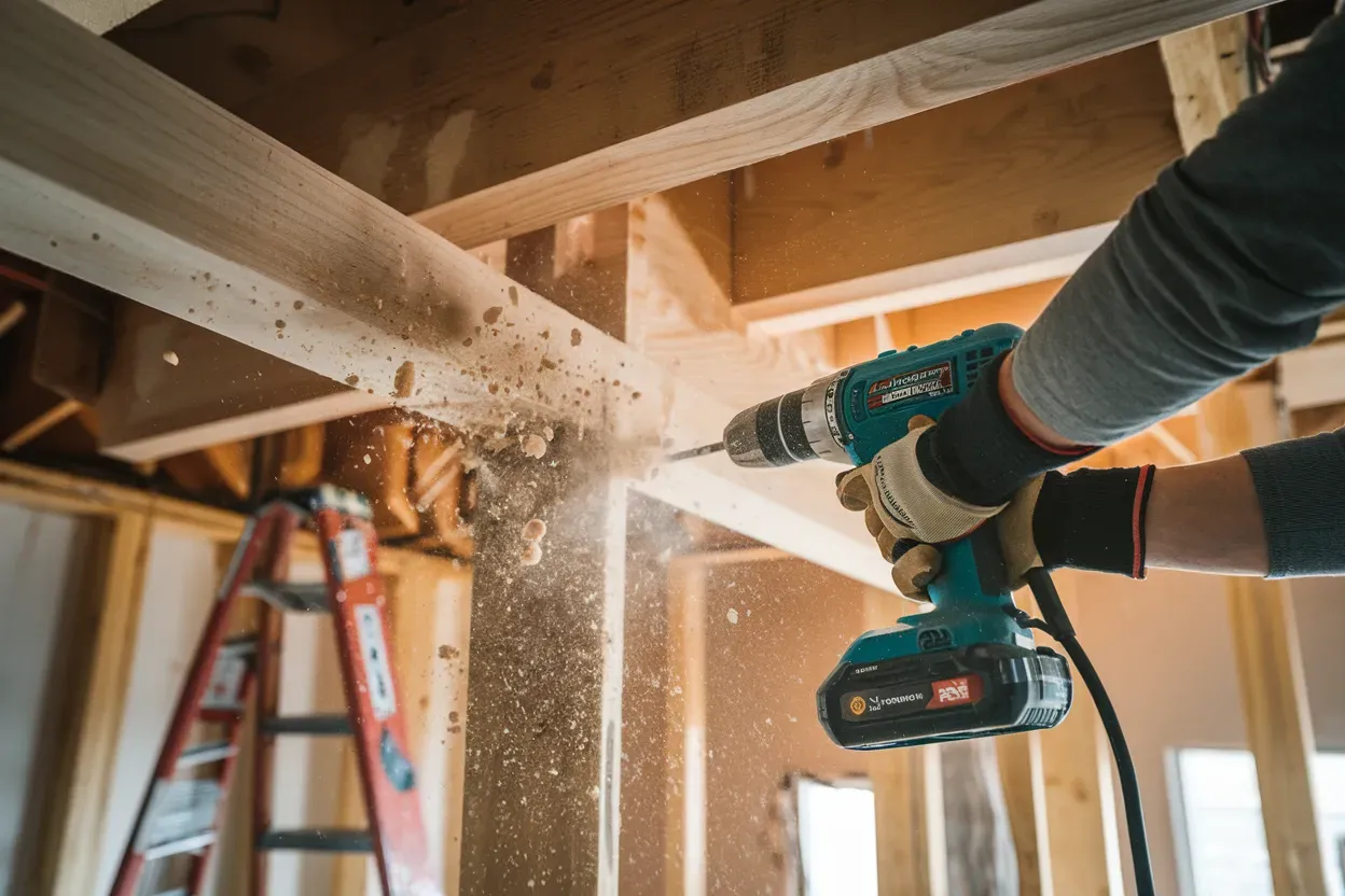 A person is using a drill to drill a hole in a piece of wood.