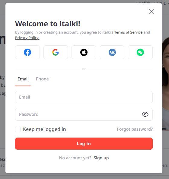 iTalki Login surface