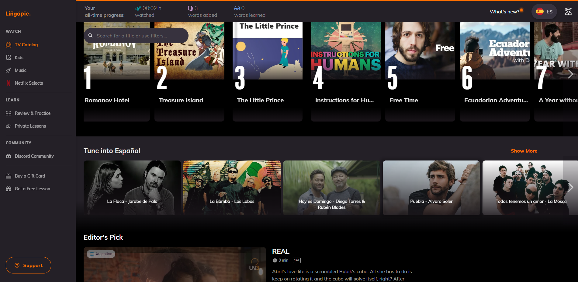 Lingopie TV Catalog Overview