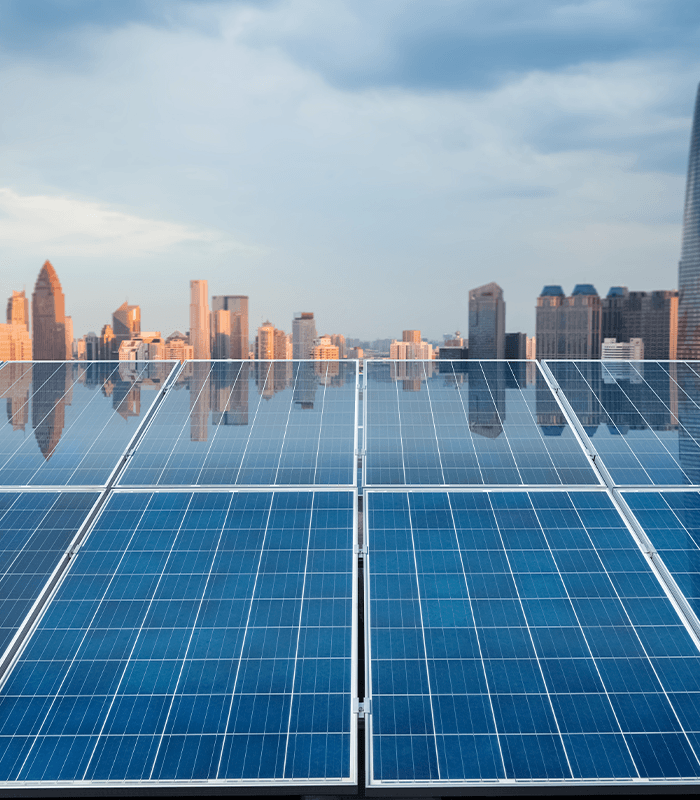 A row of solar panels with a city skyline in the background.