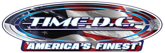 Logo for Time D.C. with American flag background and the text