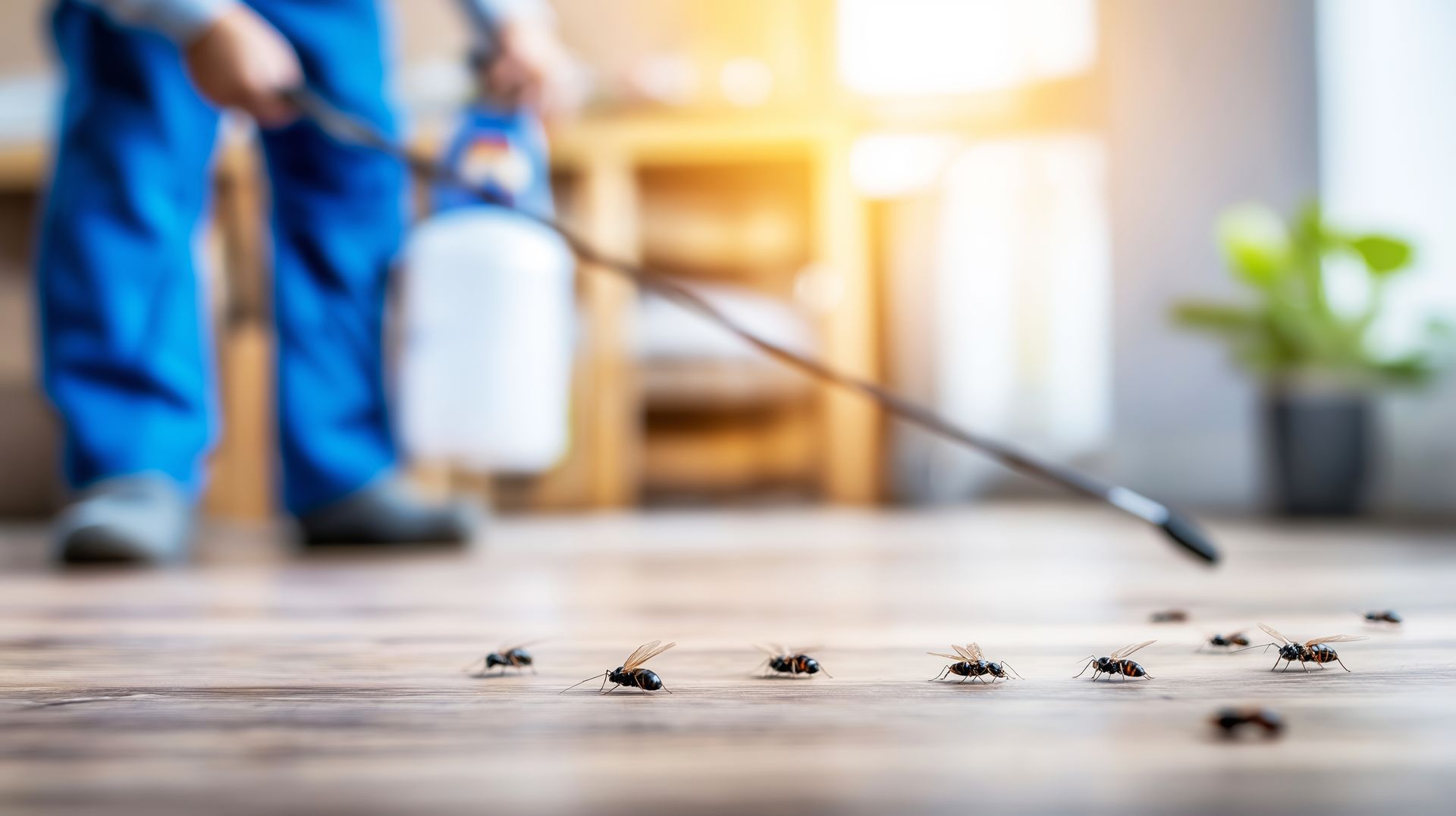 Pest control worker spraying for flies on an indoor floor