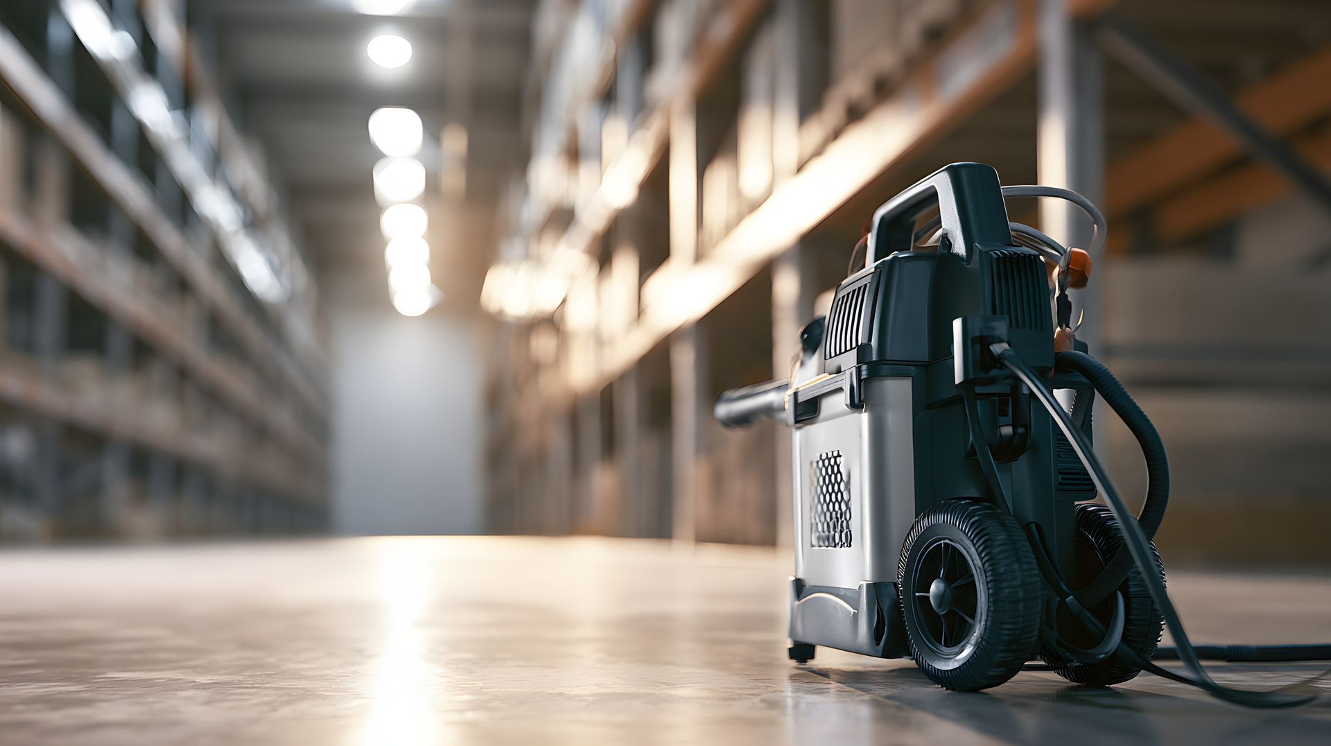 Commercial pest control equipment staged in a warehouse aisle