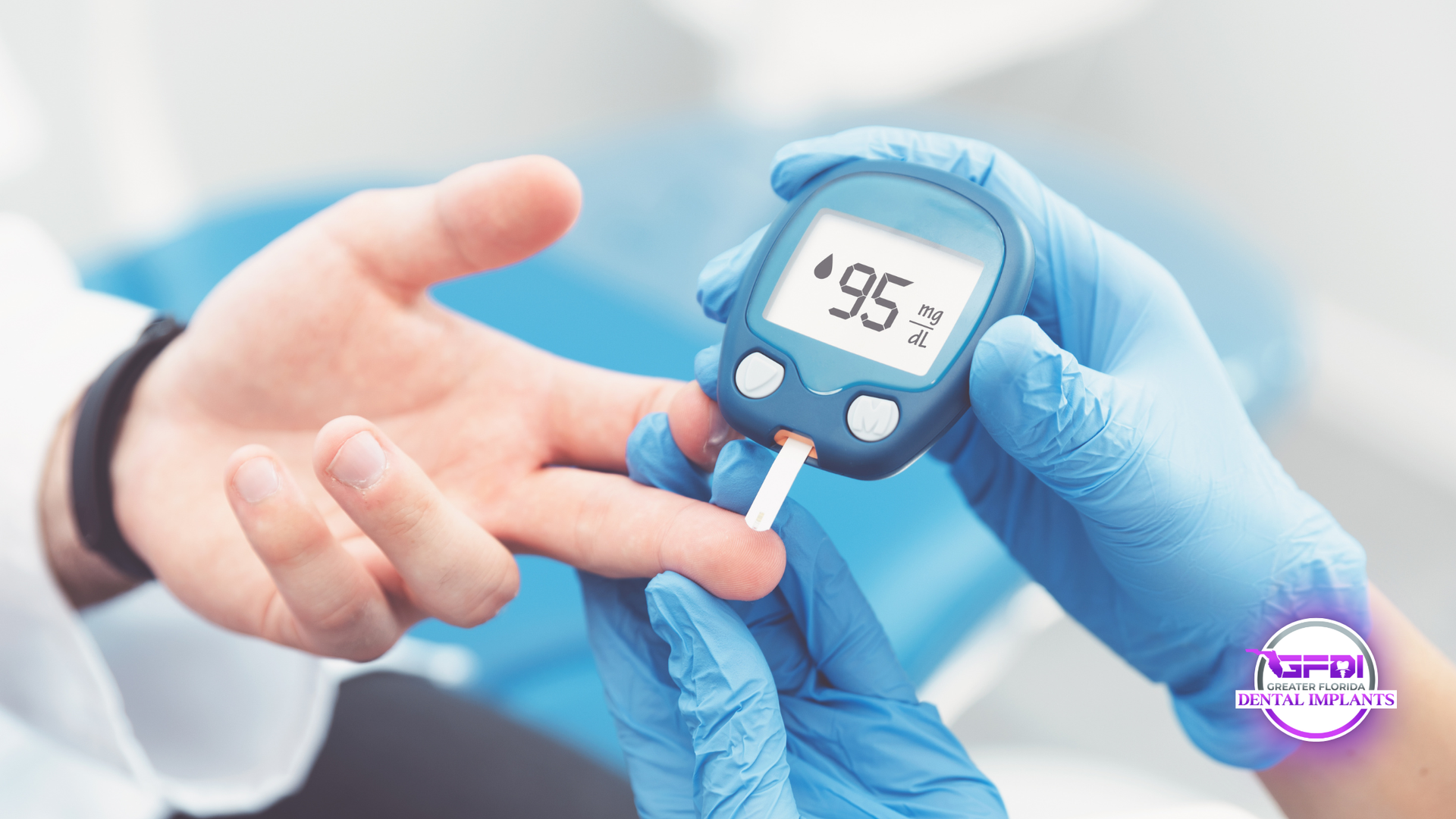 A person's finger being pricked for a blood sugar test by a person wearing blue gloves. Meter reads 95.
