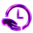 Purple hand cradling a clock icon, suggesting time management or assistance with time.