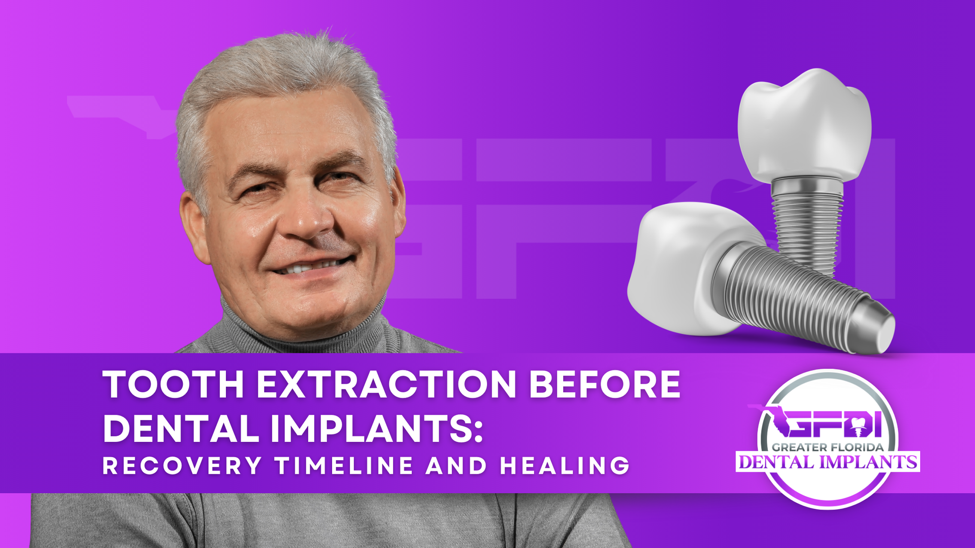 Tooth extraction before dental implants, with dentist portrait and implant graphic on purple background