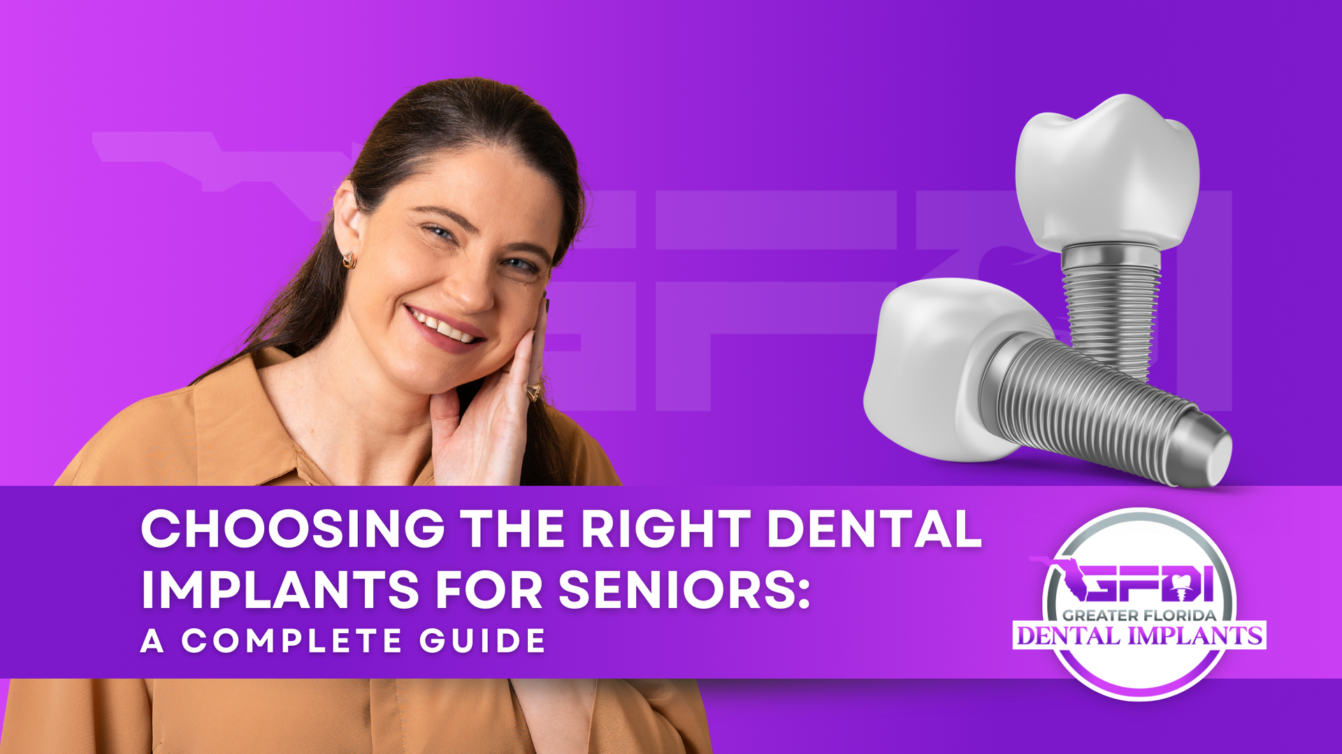 Woman smiling next to dental implant models, purple background with text: 