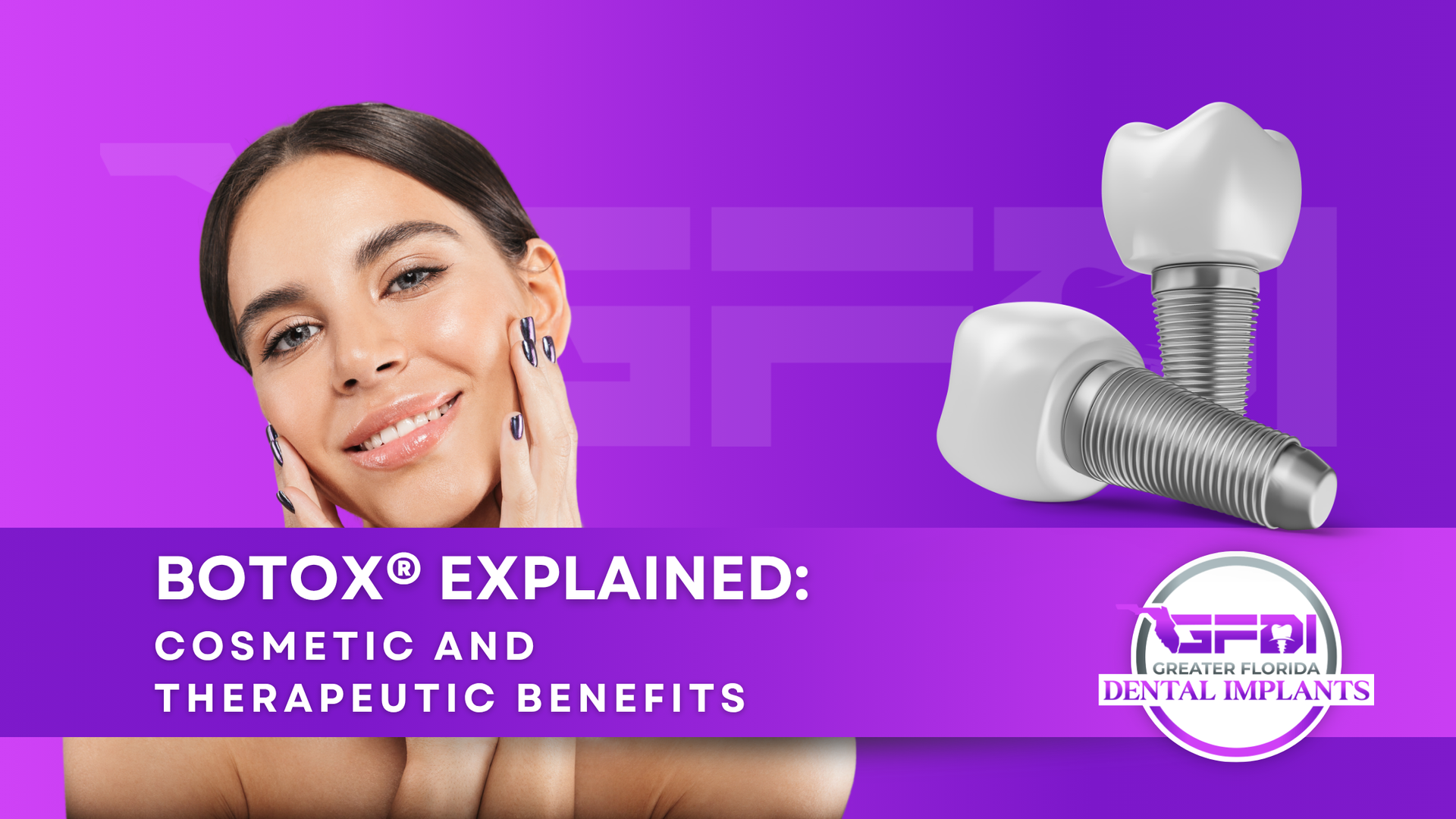Purple banner for Botox explained, with smiling woman, syringe, and tooth graphic