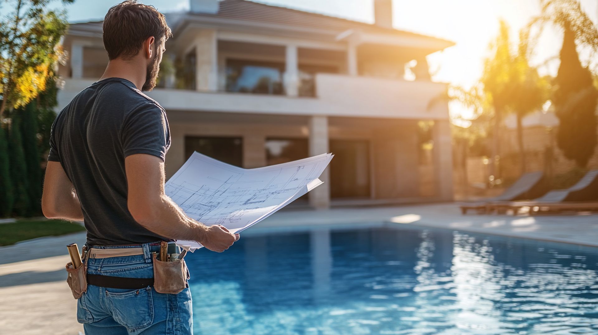 Person holding building plans while standing beside a pool at a house construction site