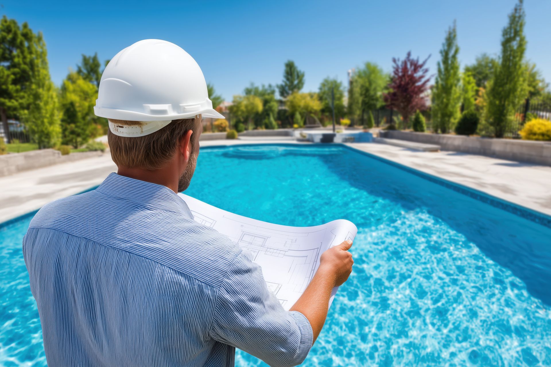 Residential pool contractor holding blueprint and inspecting new swimming pool in a garden. Residential pool contractor holding blueprint and inspecting new swimming pool in a garden.