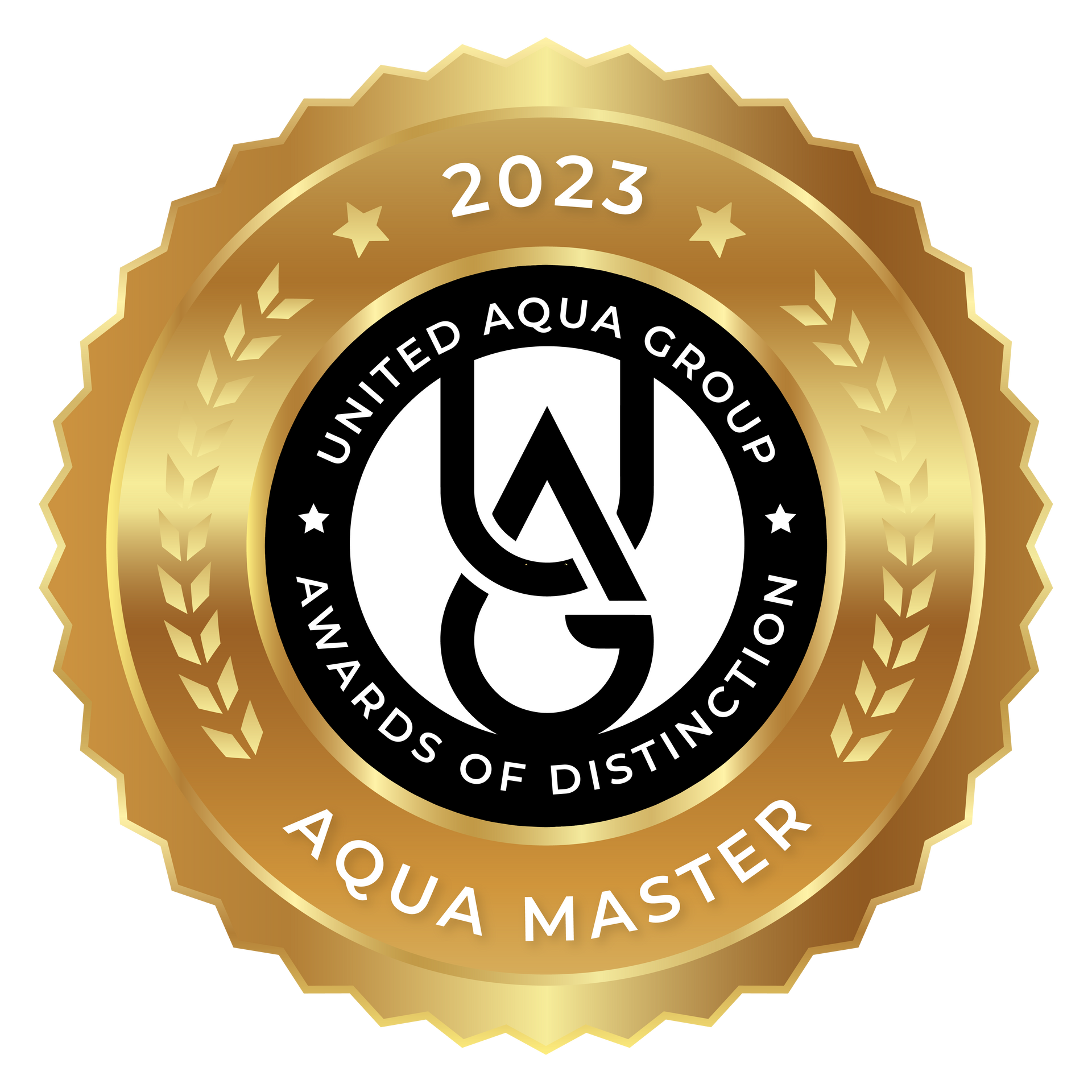 The logo for the united aqua group awards of distinction aqua master.