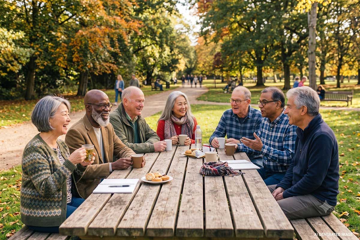 People chatting around a picnic table in a sunny autumn park