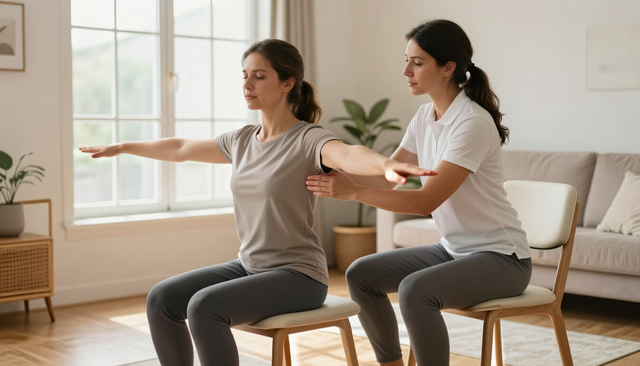 Dos mujeres haciendo ejercicios de equilibrio sentadas en una sala de estar luminosa, con una pelota de yoga cerca