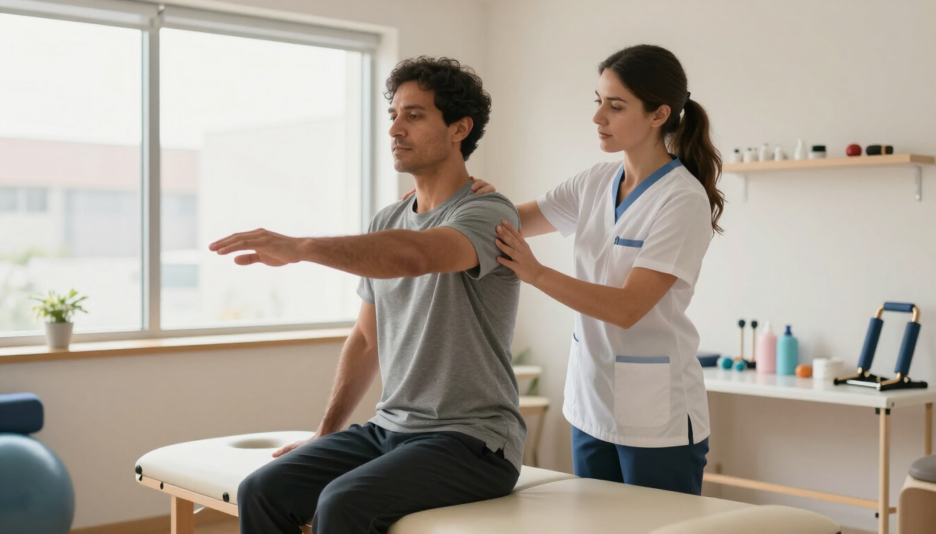 Un fisioterapeuta ayuda a un paciente a estirar los brazos en una sala de la clínica