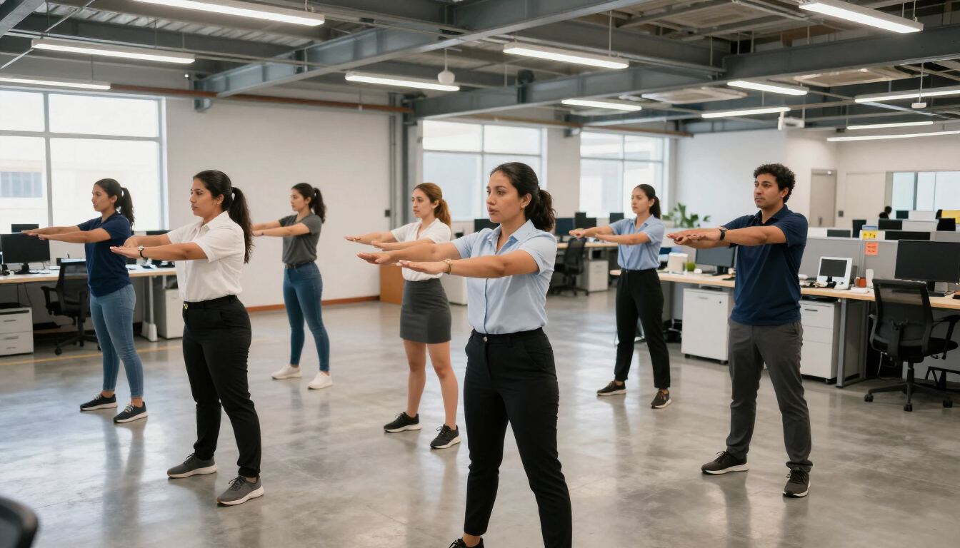 Personas de pie en una oficina moderna, estirando los brazos en grupo