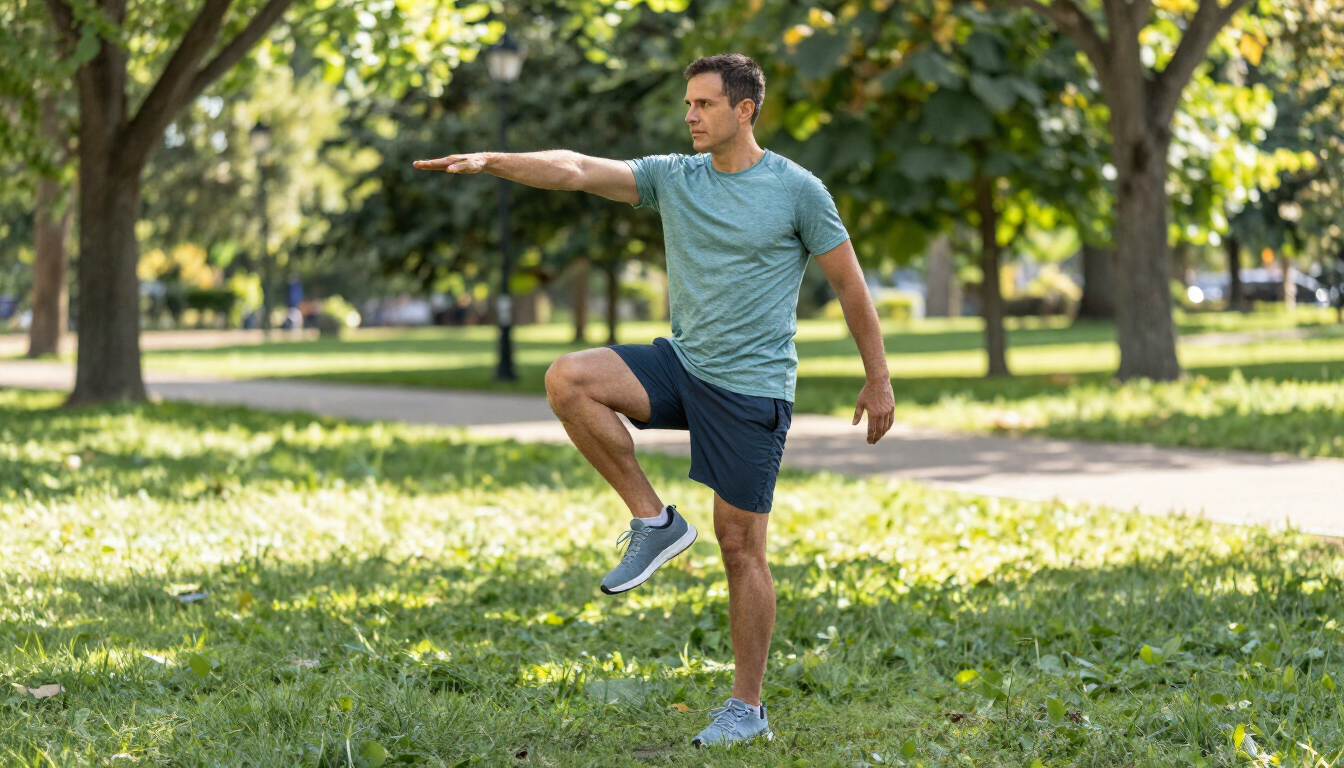 Hombre haciendo equilibrio sobre una pierna en un parque soleado, con un brazo extendido durante un ejercicio físico.