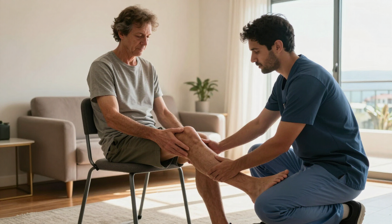 El terapeuta se arrodilla junto al cliente sentado y le toma las manos con delicadeza en una sala de estar luminosa