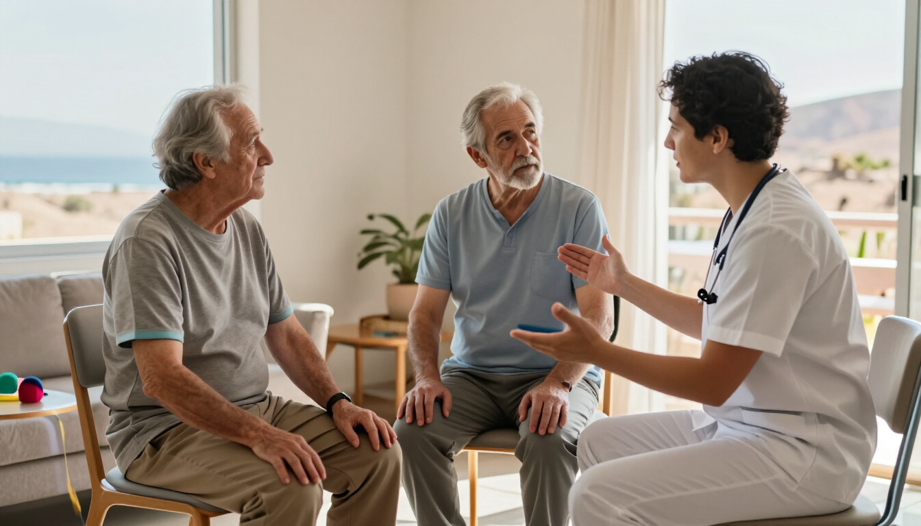 Tres personas conversando en una sala luminosa durante una sesión de terapia