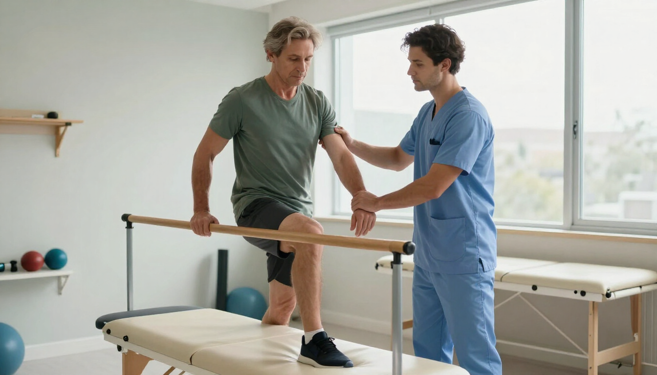 Un terapeuta ayuda a un paciente a caminar entre barras paralelas durante una sesión de fisioterapia en una clínica luminosa.