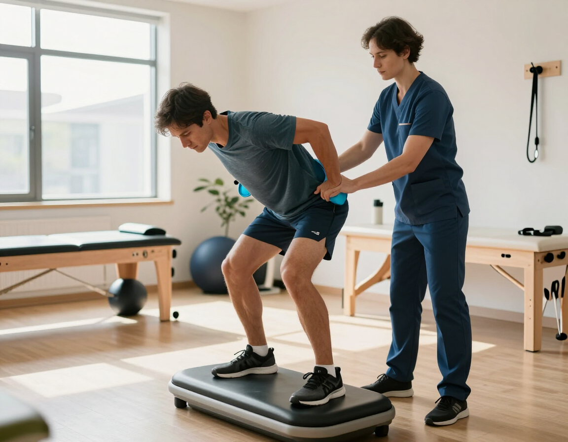 Fisioterapeuta ayudando a un hombre a mantener el equilibrio sobre una plataforma de step en una sala luminosa de una clínica