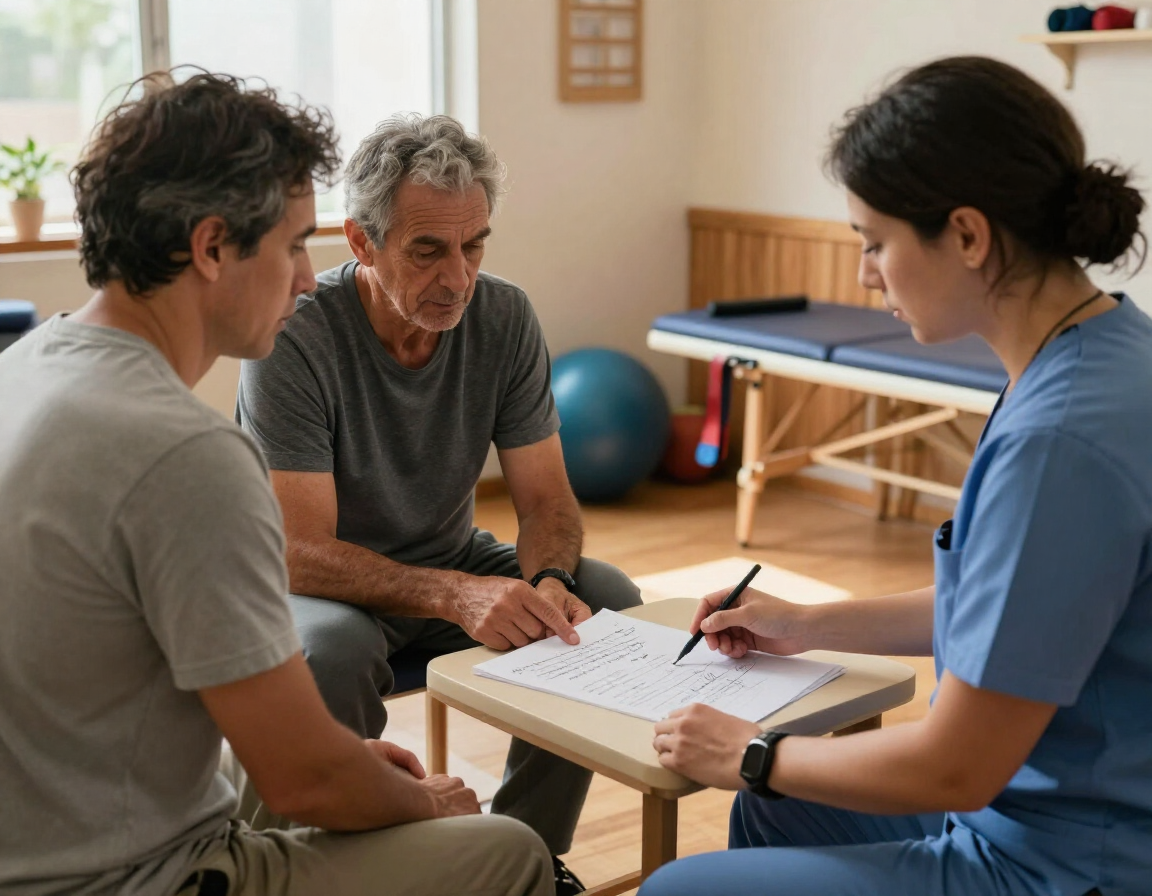 Tres personas en una sala de terapia revisan unas notas en una mesa pequeña, con equipo de ejercicio al fondo.