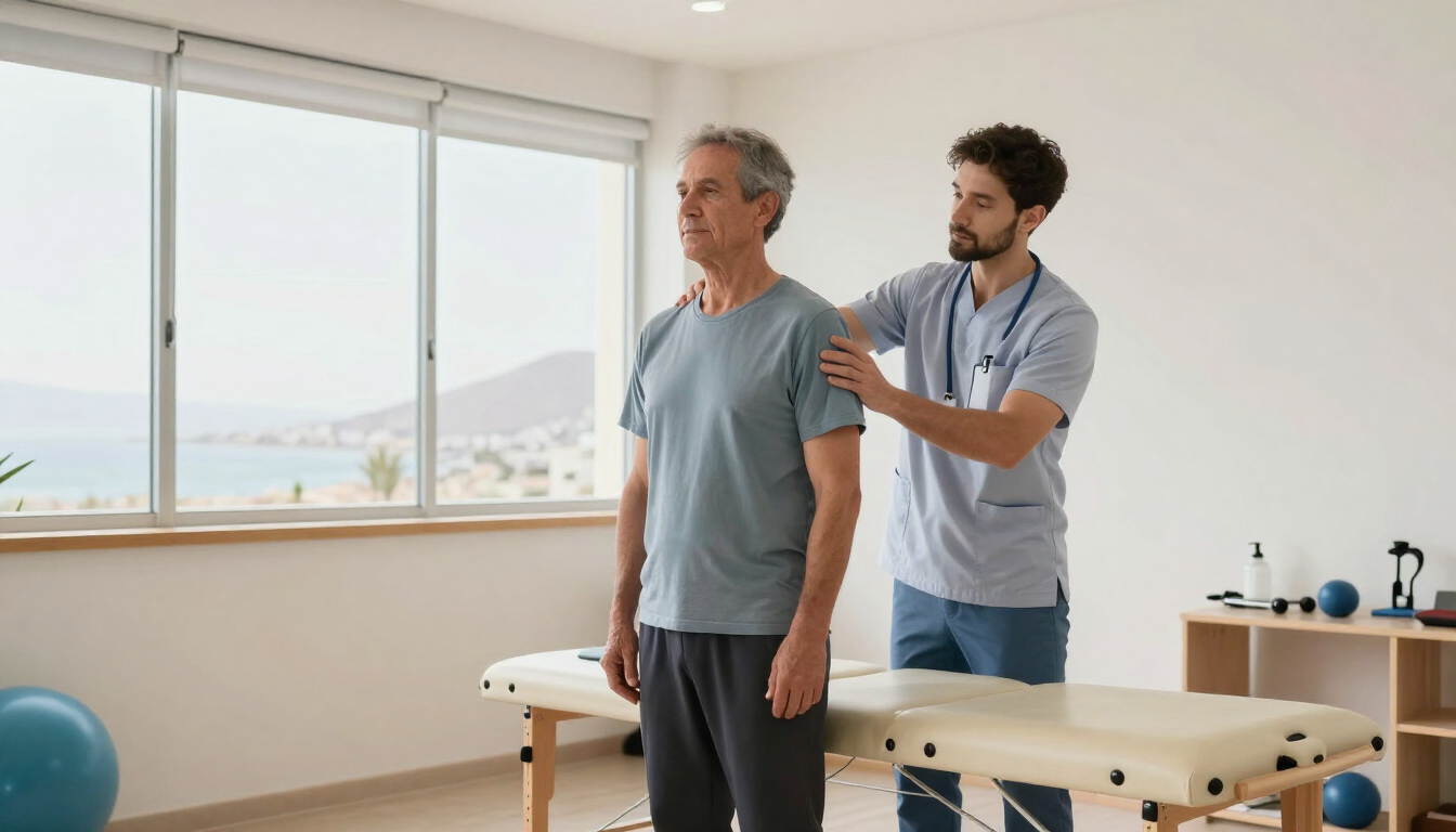 Un fisioterapeuta examinando el hombro de un hombre en una sala de tratamiento luminosa