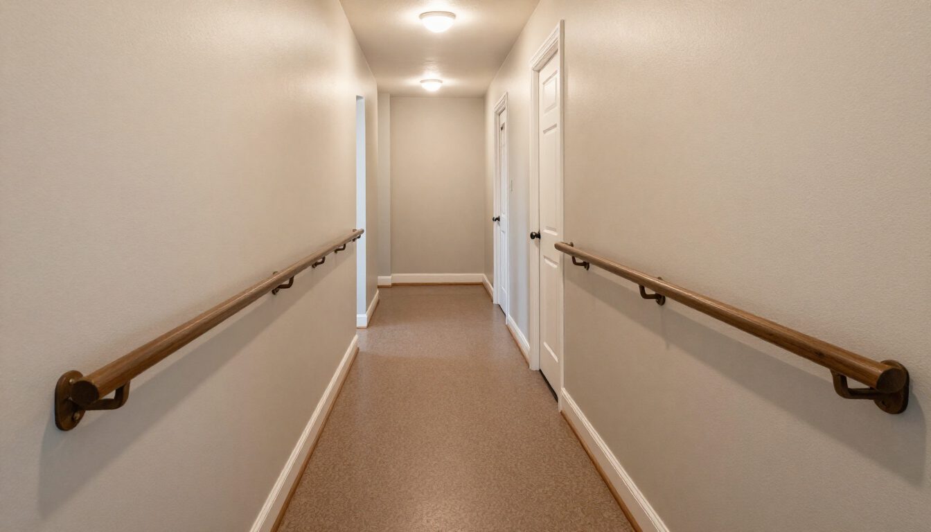 Pasillo beige vacío con pasamanos a ambos lados y luces en el techo